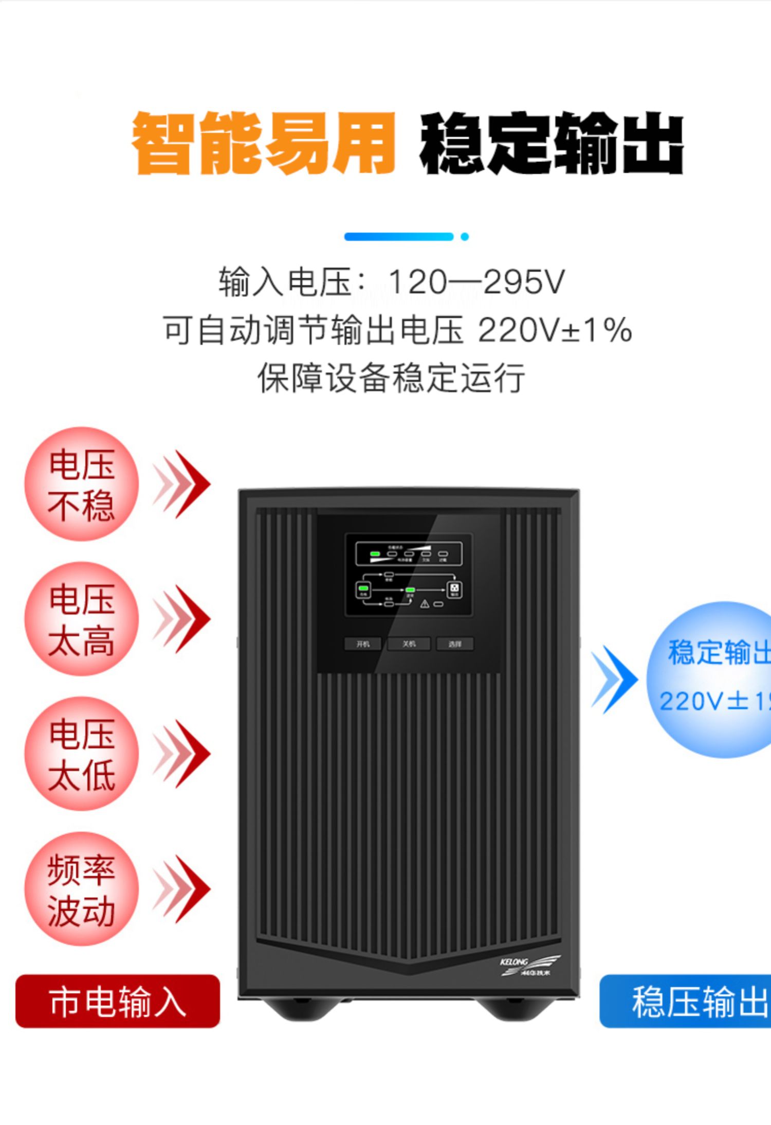 2科華UPS不間斷電源在線式1KVA900W電梯服務器監(jiān)控備用電源YTR1101
